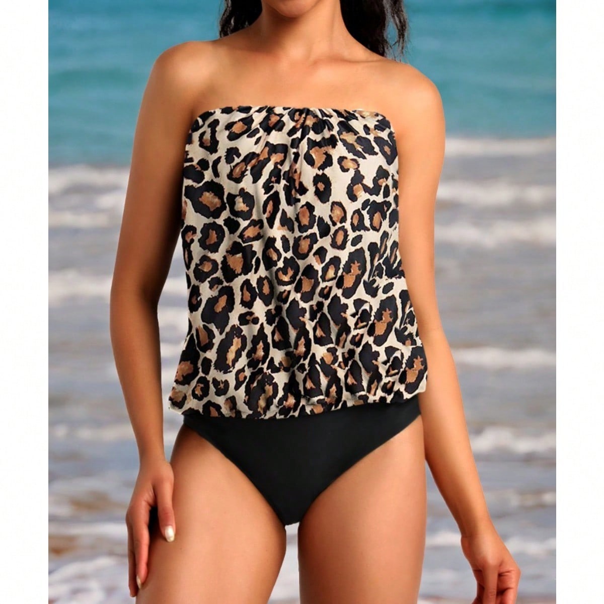 Women 2 Piece Bandeau Tankini Bottom For Tummy Control Stylish Loose Blouson Top Paired With Summer Beachwear
