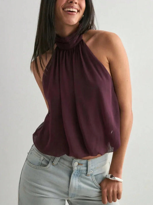 Women Cute Puffy Halterneck Top Sleeveless Open Back Tank Tops Fashion Button Neck Crop Tops Summer Y2K Loose Vest Party Streetwear Going Out Outfit