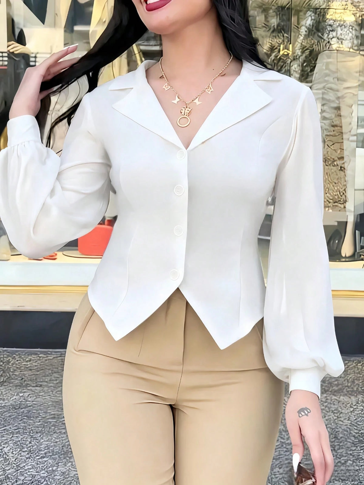 Women Elegant Commuting Solid Color Lantern Sleeve Blouse White Spring
