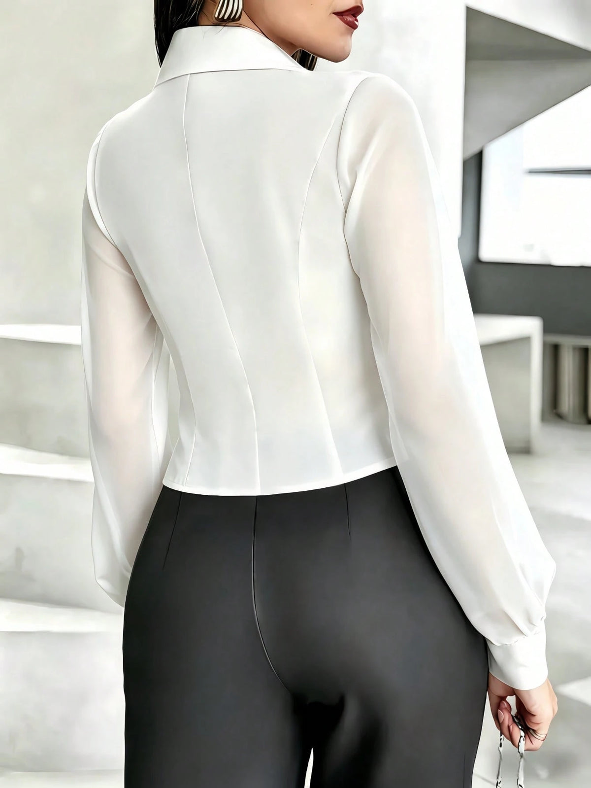 Women Elegant Commuting Solid Color Lantern Sleeve Blouse White Spring