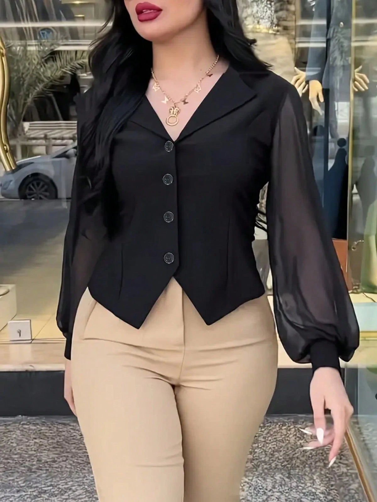 Women Elegant Commuting Solid Color Lantern Sleeve Blouse White Spring