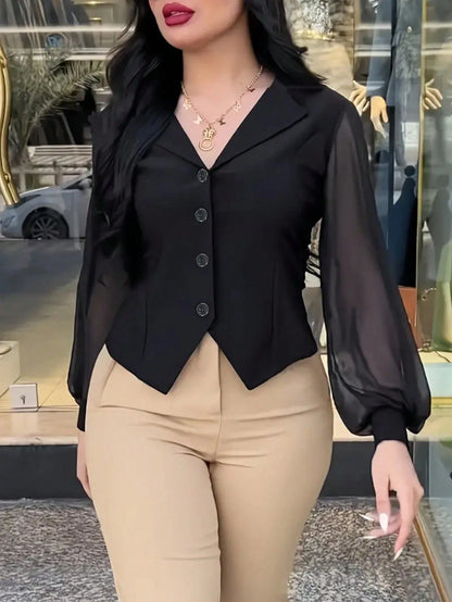 Women Elegant Commuting Solid Color Lantern Sleeve Blouse White Spring