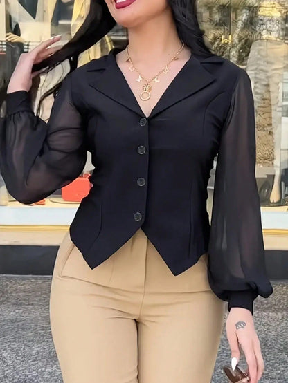 Women Elegant Commuting Solid Color Lantern Sleeve Blouse White Spring