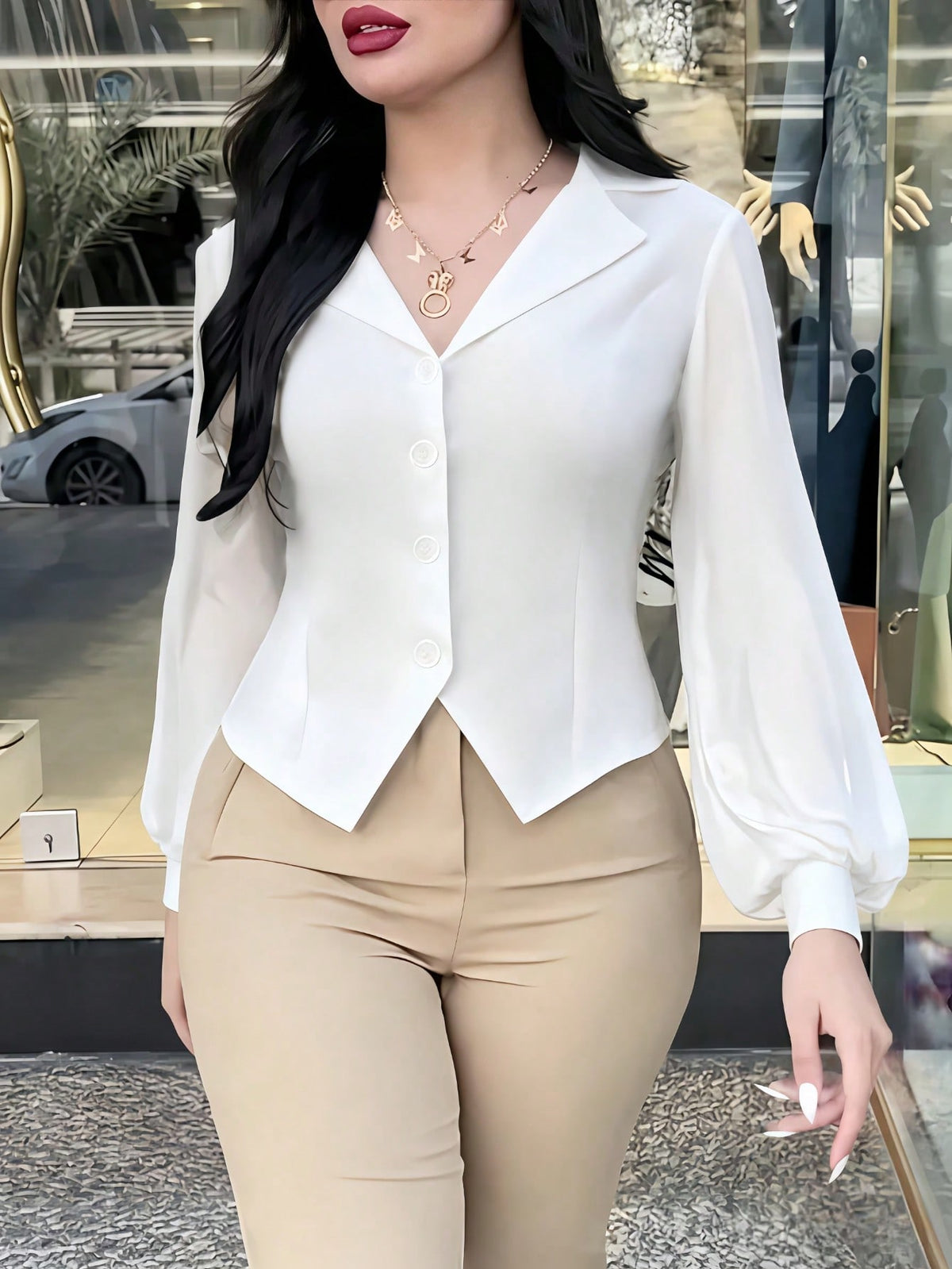 Women Elegant Commuting Solid Color Lantern Sleeve Blouse White Spring
