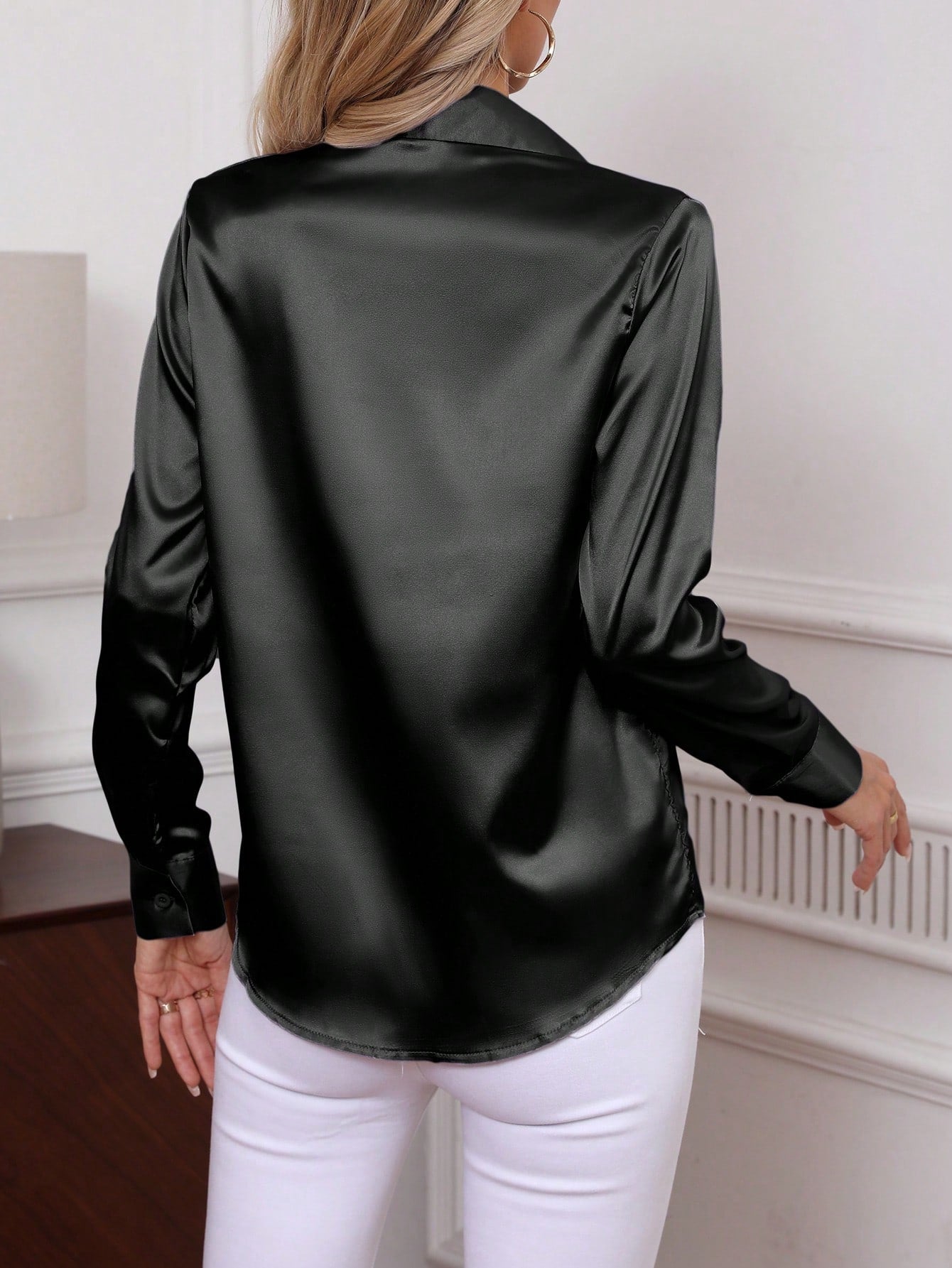 Women Elegant Poplin Shirt, Classic Solid Color Single Breasted Long Sleeve Blouse, Office Wear 2025 New Arrival Black Spring