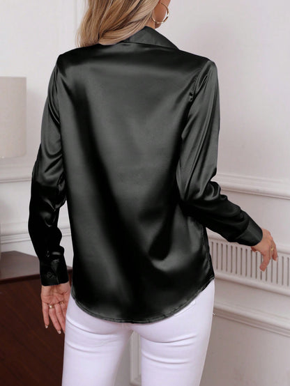 Women Elegant Poplin Shirt, Classic Solid Color Single Breasted Long Sleeve Blouse, Office Wear 2025 New Arrival Black Spring