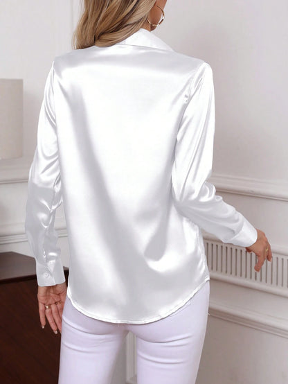 Women Elegant Poplin Shirt, Classic Solid Color Single Breasted Long Sleeve Blouse, Office Wear 2025 New Arrival Black Spring