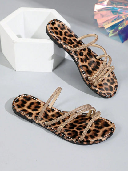 Women Flat Sandals With Rhinestones, Summer Sandals, Leopard Print Rhinestone Sandals, Bling Bling Beach Slippers For Party, Sexy Wedding Shoes