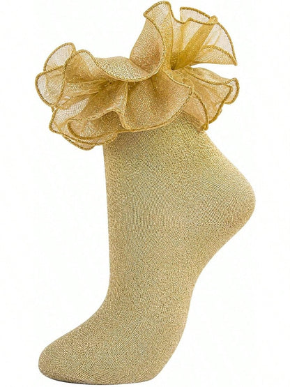 Women Gold Glittery Ruffle Ankle Socks Adult Double Lace Silver Sparkling Frilly Socks Cute Fluffy Dress Sock Woman