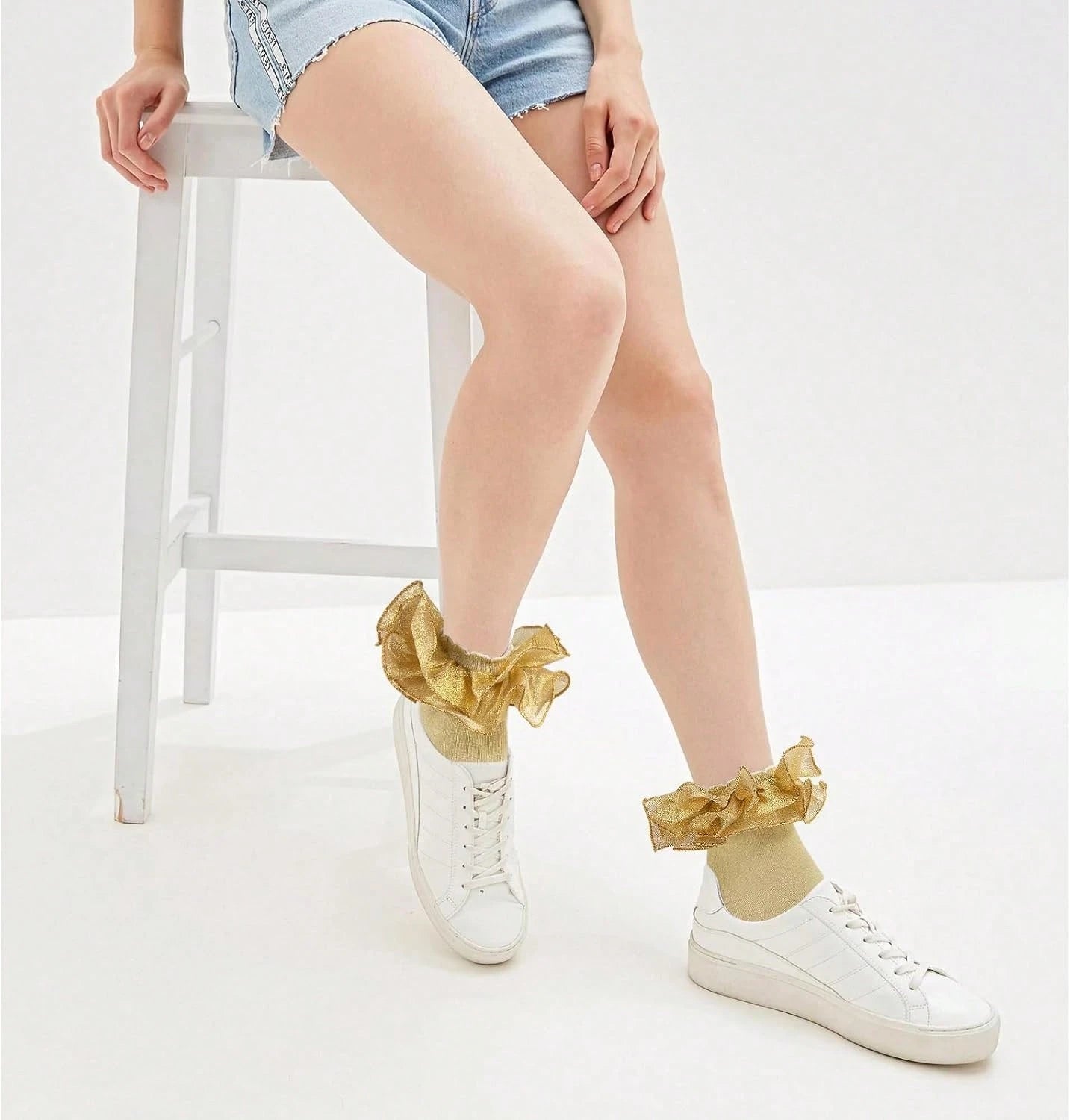 Women Gold Glittery Ruffle Ankle Socks Adult Double Lace Silver Sparkling Frilly Socks Cute Fluffy Dress Sock Woman