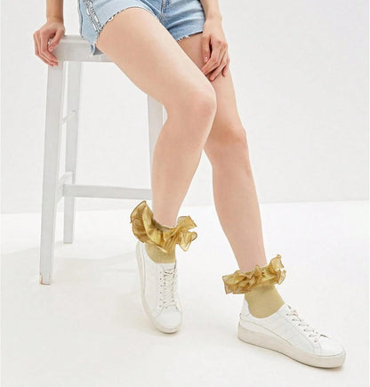 Women Gold Glittery Ruffle Ankle Socks Adult Double Lace Silver Sparkling Frilly Socks Cute Fluffy Dress Sock Woman