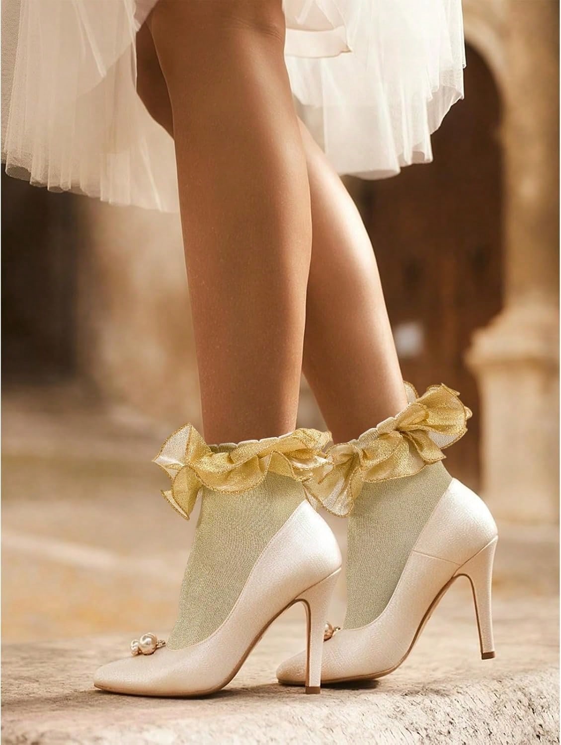 Women Gold Glittery Ruffle Ankle Socks Adult Double Lace Silver Sparkling Frilly Socks Cute Fluffy Dress Sock Woman