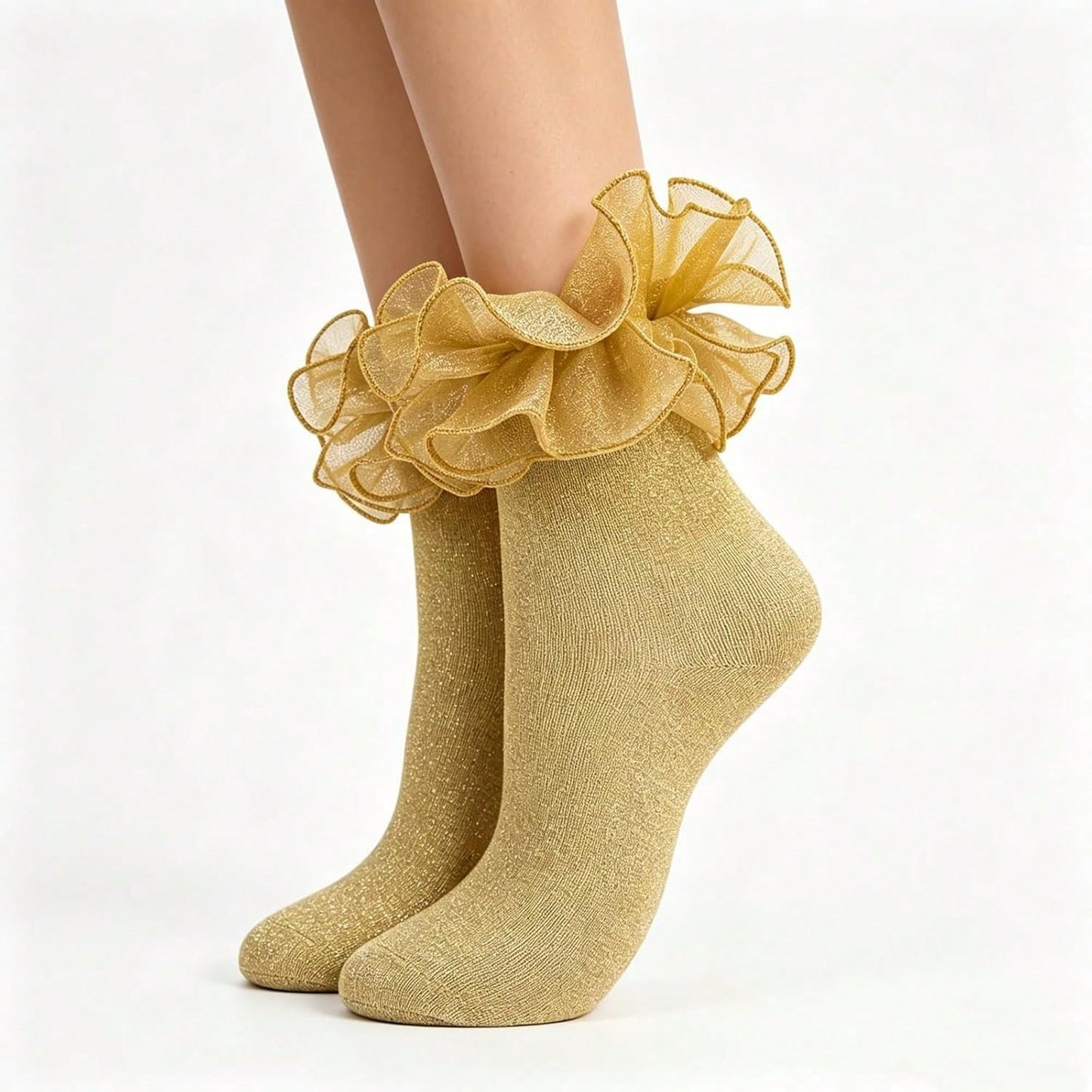 Women Gold Glittery Ruffle Ankle Socks Adult Double Lace Silver Sparkling Frilly Socks Cute Fluffy Dress Sock Woman