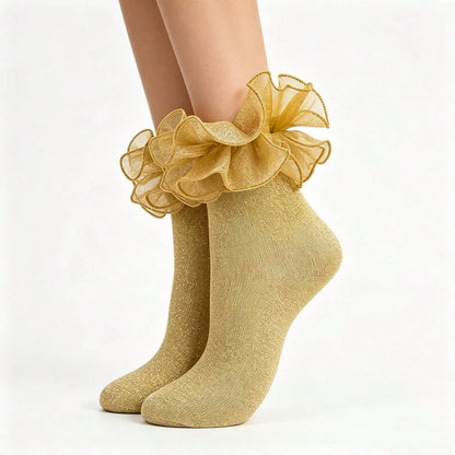 Women Gold Glittery Ruffle Ankle Socks Adult Double Lace Silver Sparkling Frilly Socks Cute Fluffy Dress Sock Woman
