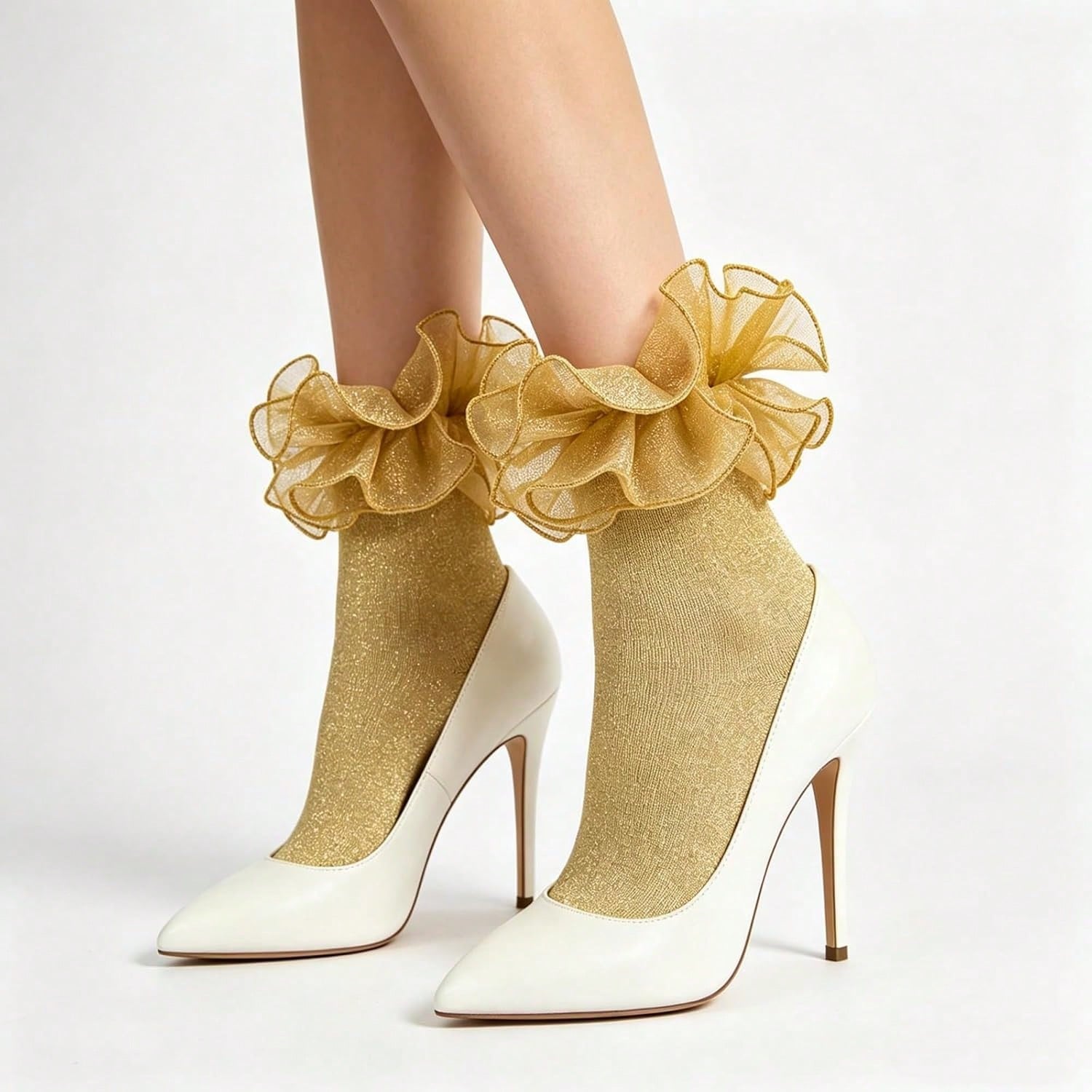 Women Gold Glittery Ruffle Ankle Socks Adult Double Lace Silver Sparkling Frilly Socks Cute Fluffy Dress Sock Woman