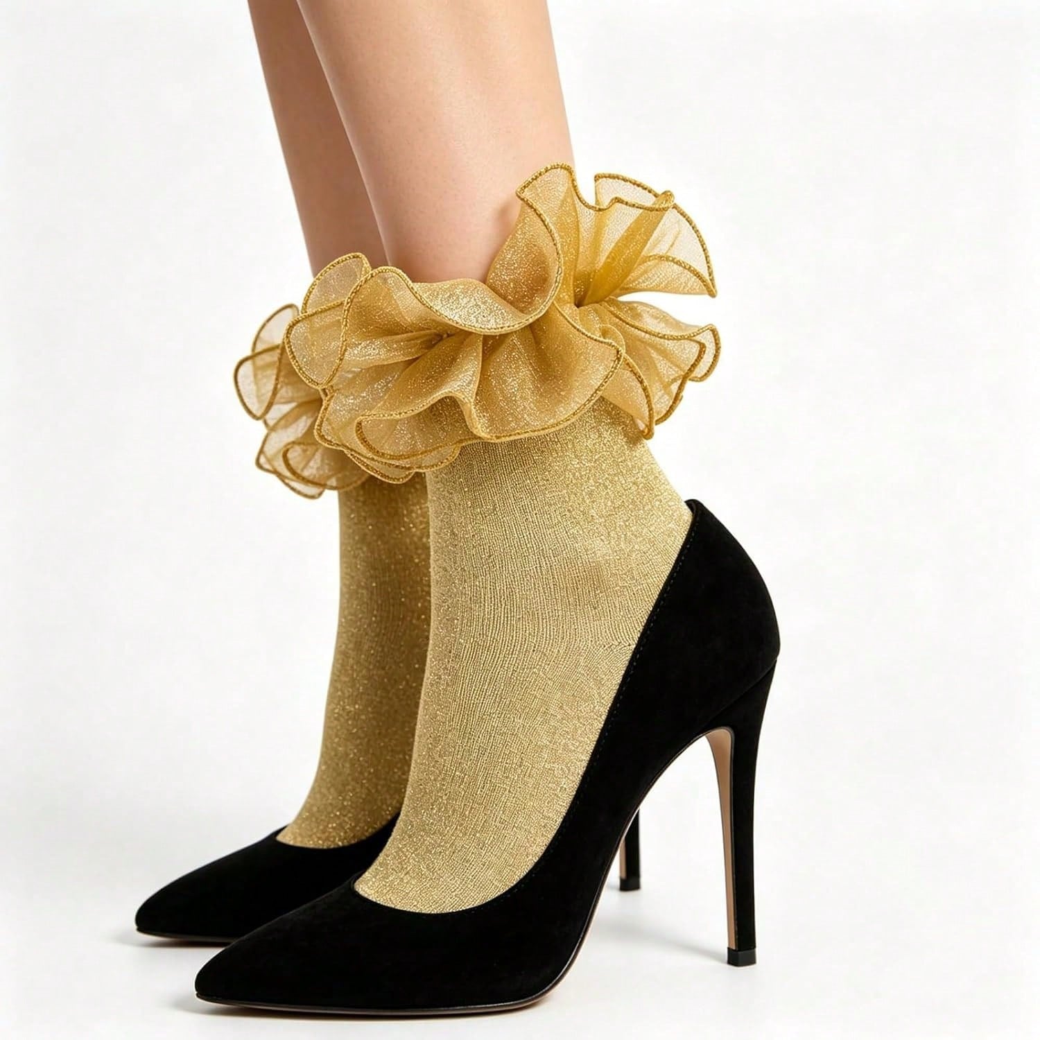 Women Gold Glittery Ruffle Ankle Socks Adult Double Lace Silver Sparkling Frilly Socks Cute Fluffy Dress Sock Woman