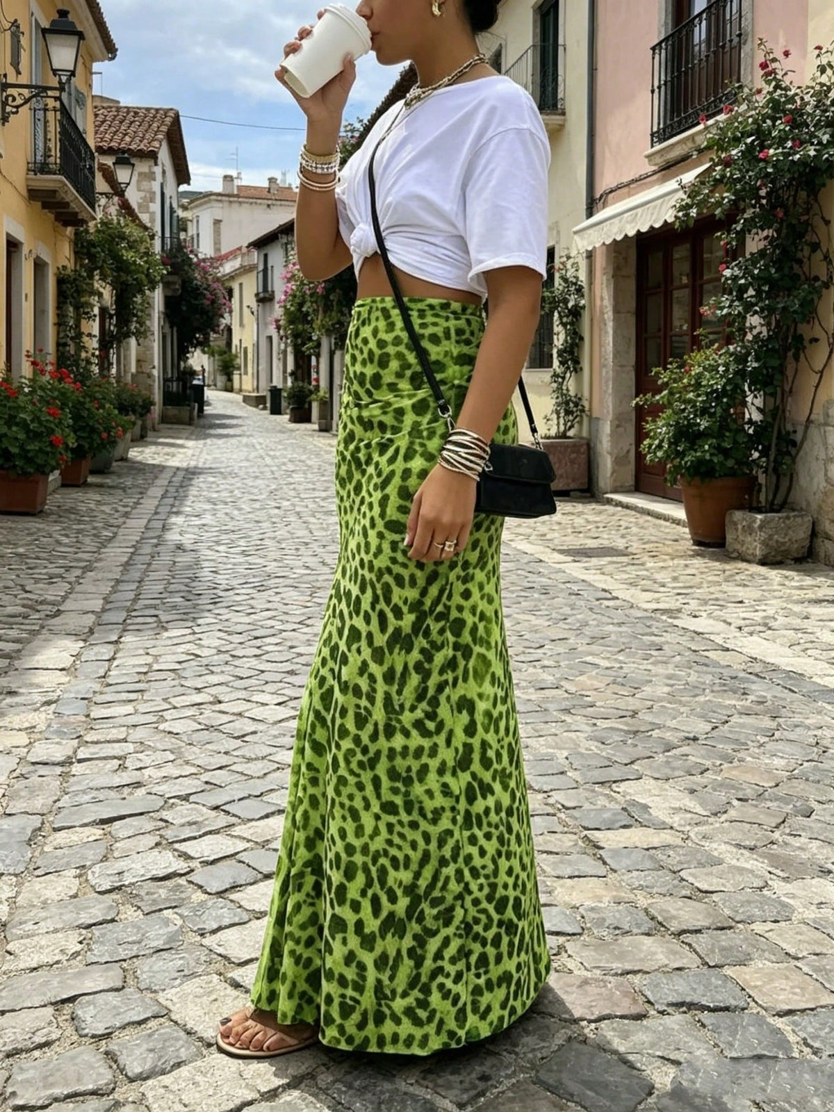 Women Green Leopard Print A-Line Midi Skirt, High Waist Slimming Bottom, Elegant Sexy Style For Spring Summer Autumn, Daily Wear, Date, Party Holiday