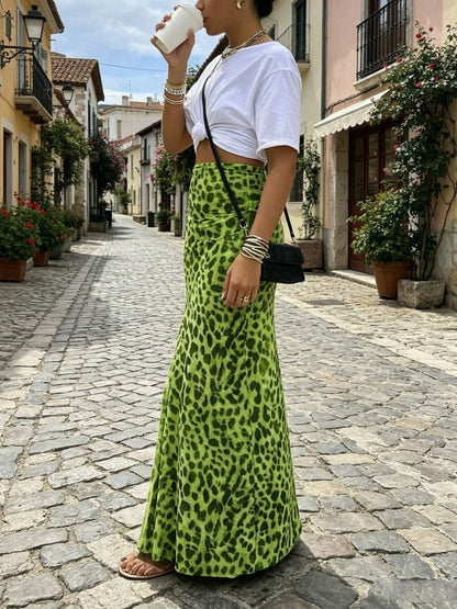 Women Green Leopard Print A-Line Midi Skirt, High Waist Slimming Bottom, Elegant Sexy Style For Spring Summer Autumn, Daily Wear, Date, Party Holiday