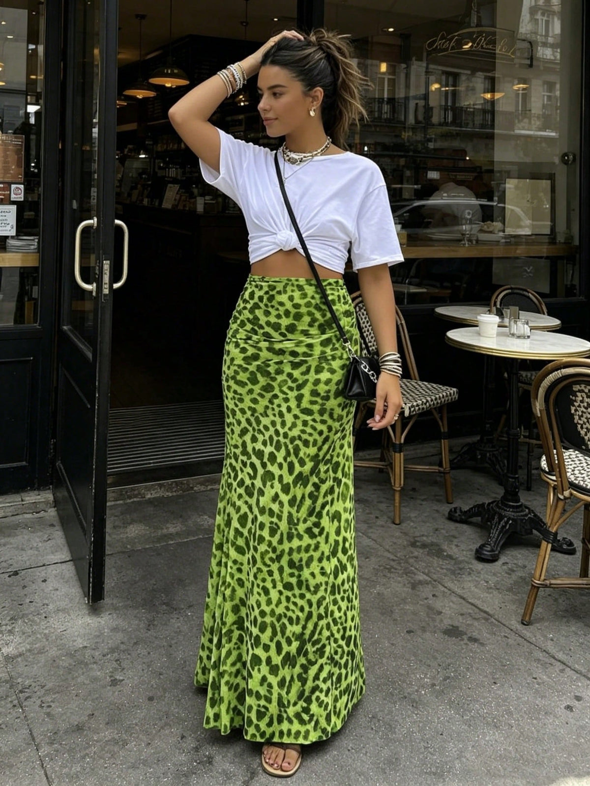 Women Green Leopard Print A-Line Midi Skirt, High Waist Slimming Bottom, Elegant Sexy Style For Spring Summer Autumn, Daily Wear, Date, Party Holiday