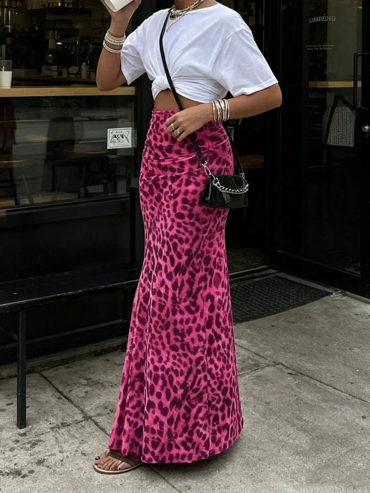Women Green Leopard Print A-Line Midi Skirt, High Waist Slimming Bottom, Elegant Sexy Style For Spring Summer Autumn, Daily Wear, Date, Party Holiday