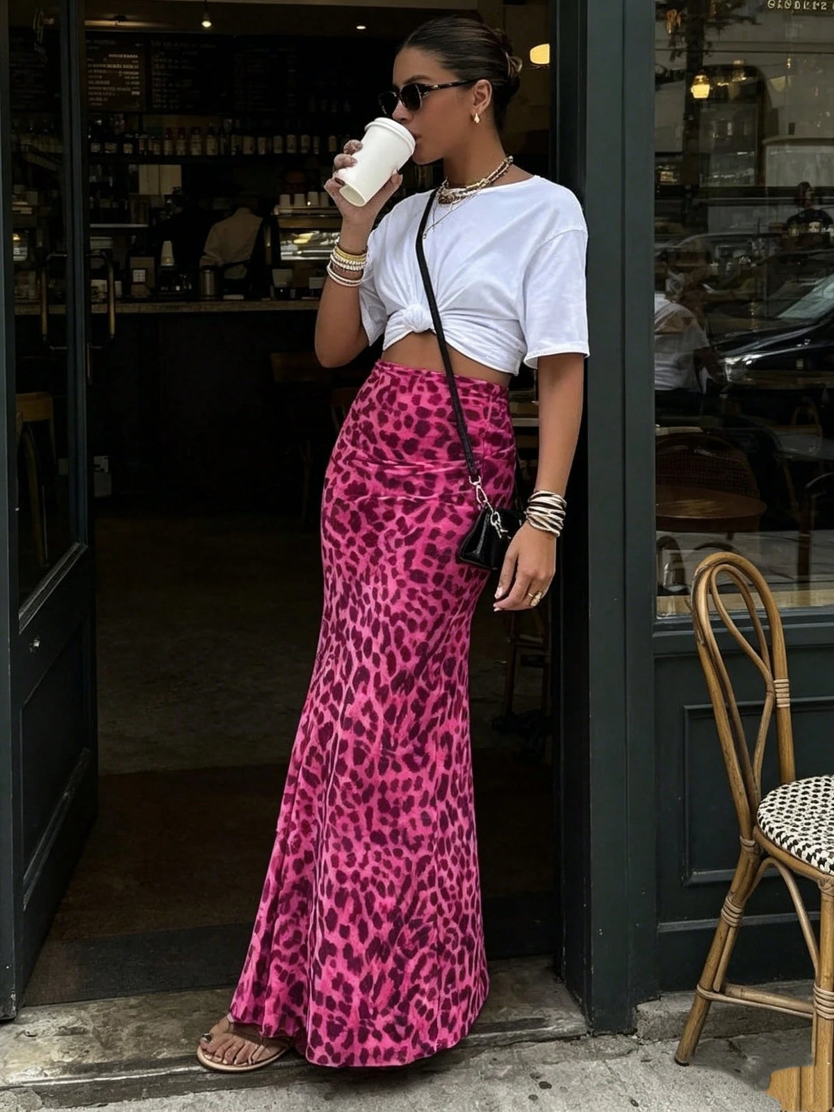 Women Green Leopard Print A-Line Midi Skirt, High Waist Slimming Bottom, Elegant Sexy Style For Spring Summer Autumn, Daily Wear, Date, Party Holiday
