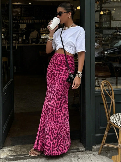 Women Green Leopard Print A-Line Midi Skirt, High Waist Slimming Bottom, Elegant Sexy Style For Spring Summer Autumn, Daily Wear, Date, Party Holiday