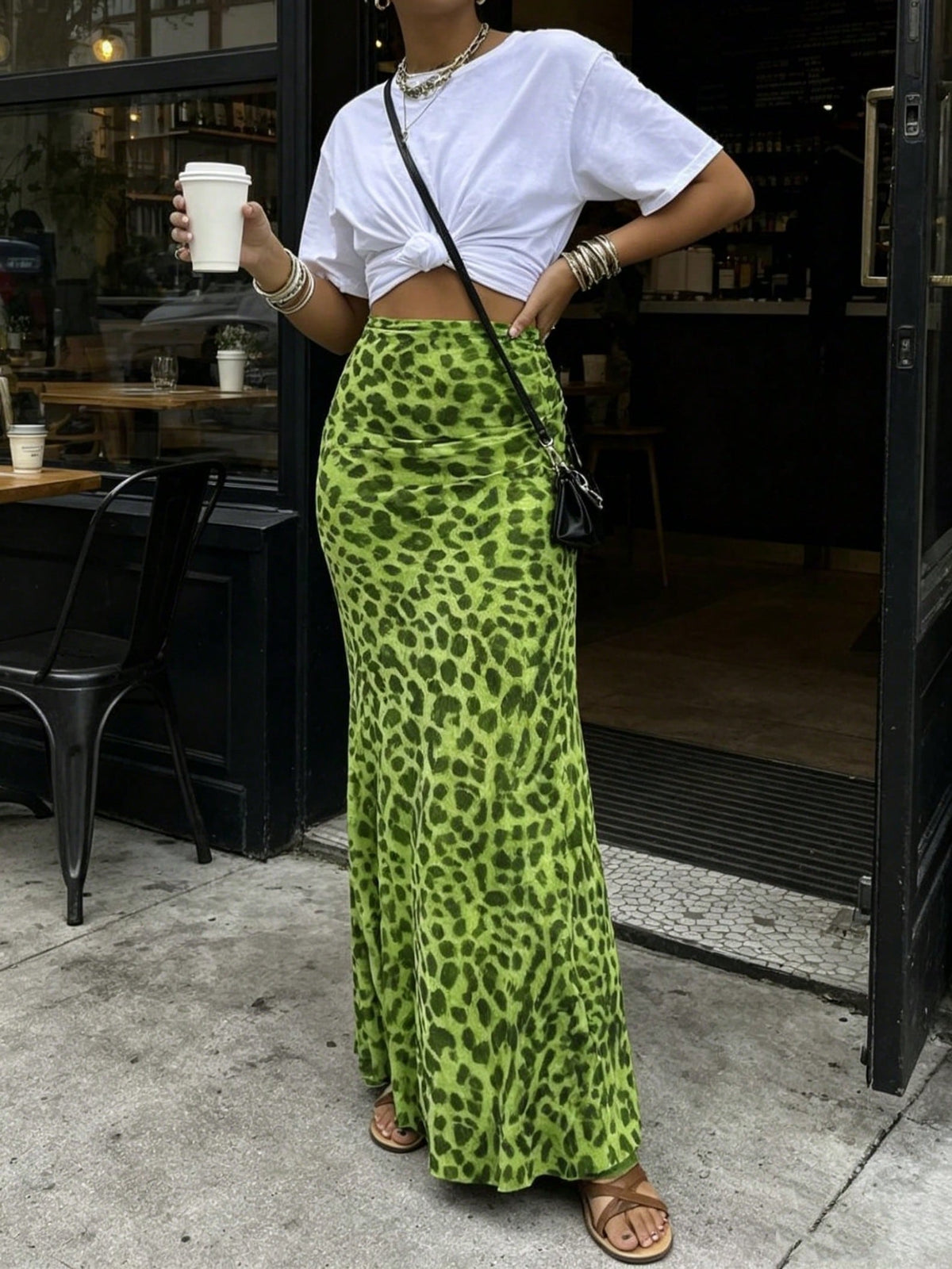 Women Green Leopard Print A-Line Midi Skirt, High Waist Slimming Bottom, Elegant Sexy Style For Spring Summer Autumn, Daily Wear, Date, Party Holiday