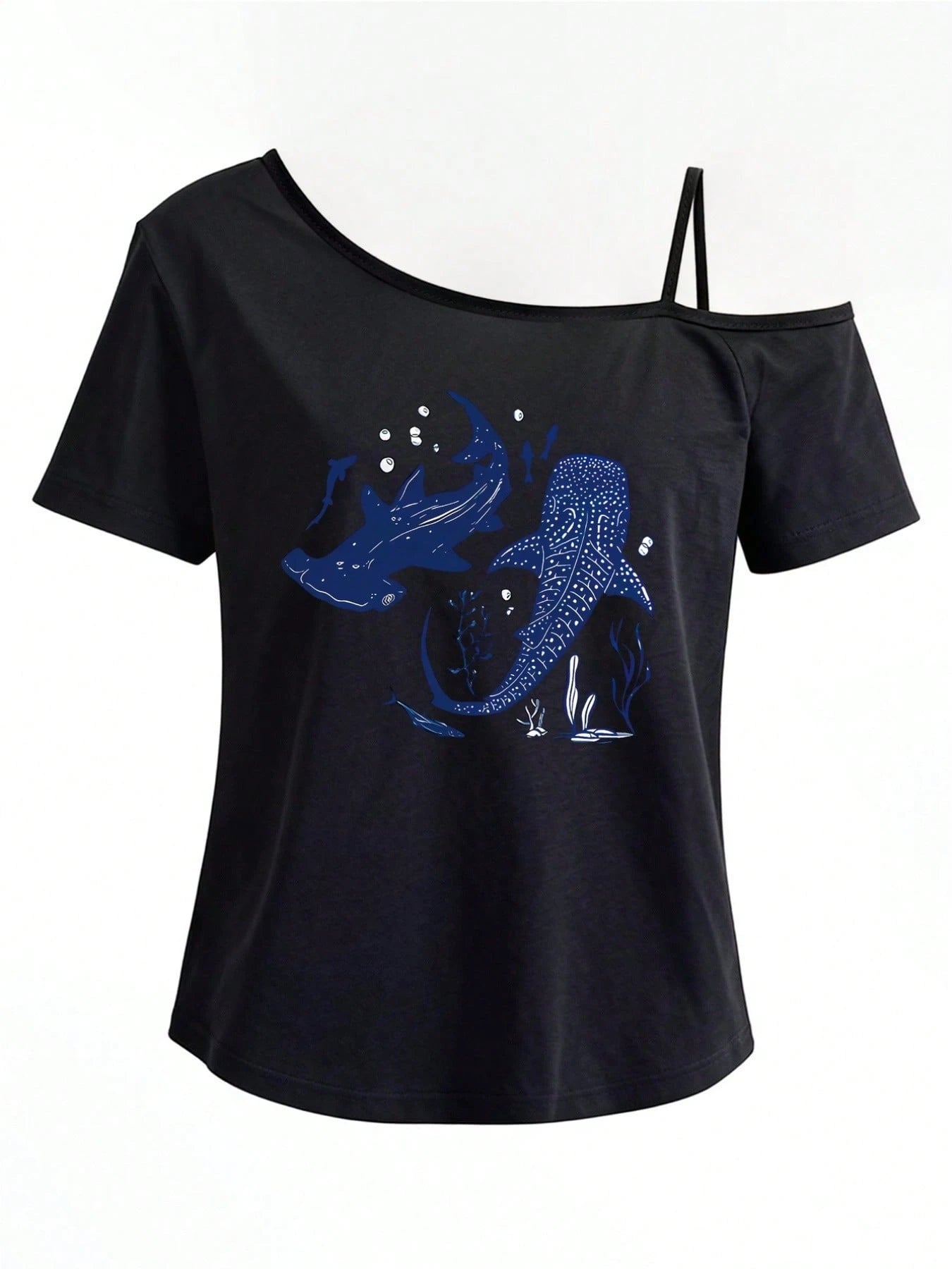 Women One-Shoulder Short-Sleeve T-Shirt, Whale Shark, Marine Life Print Fashion Top, Slanted One-Shoulder Strap, Rock Concert Outfit