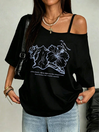 Women One-Shoulder Short-Sleeve T-Shirt, Whale Shark, Marine Life Print Fashion Top, Slanted One-Shoulder Strap, Rock Concert Outfit