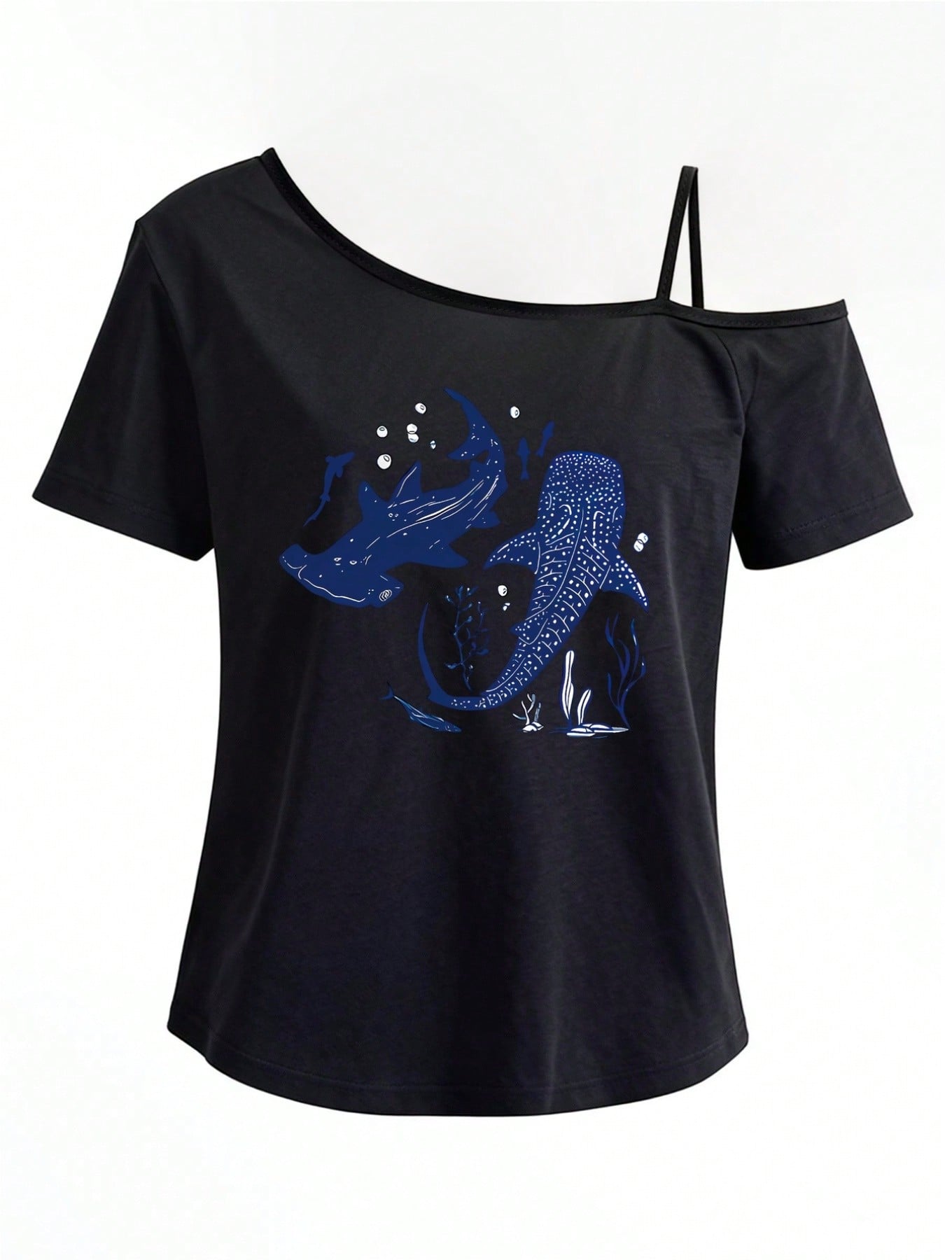 Women One-Shoulder Short-Sleeve T-Shirt, Whale Shark, Marine Life Print Fashion Top, Slanted One-Shoulder Strap, Rock Concert Outfit