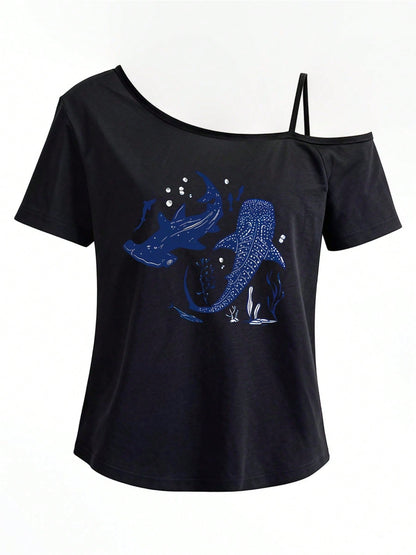 Women One-Shoulder Short-Sleeve T-Shirt, Whale Shark, Marine Life Print Fashion Top, Slanted One-Shoulder Strap, Rock Concert Outfit