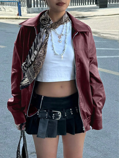 Women Plus Size Loose Fit Moto Biker Jacket, Vegan Leather, Black, Autumn/Winter Fall Cloth For Women