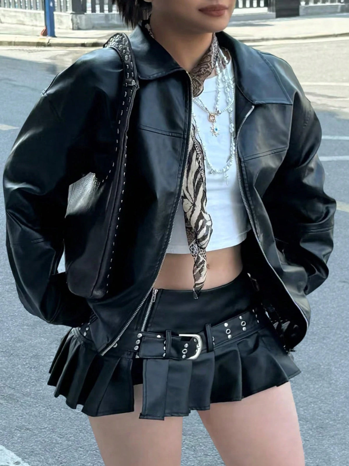 Women Plus Size Loose Fit Moto Biker Jacket, Vegan Leather, Black, Autumn/Winter Fall Cloth For Women