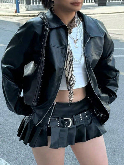 Women Plus Size Loose Fit Moto Biker Jacket, Vegan Leather, Black, Autumn/Winter Fall Cloth For Women