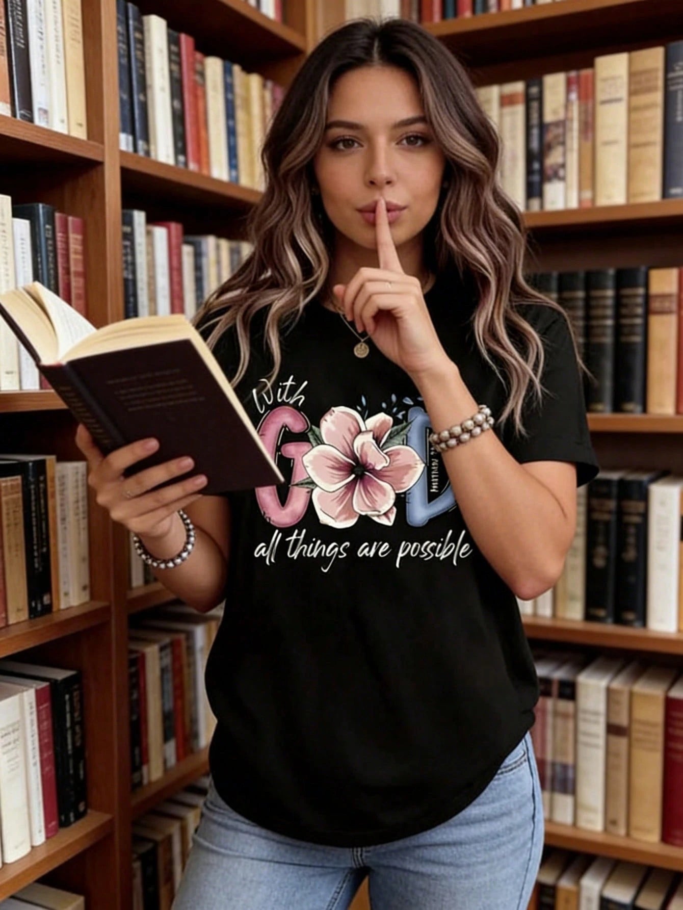 Women Round Neck T Shirt With God All Things Are Possible Floral Print Short Sleeve Christian Faith Inspired Casual Wear For Daily Outings And Religio