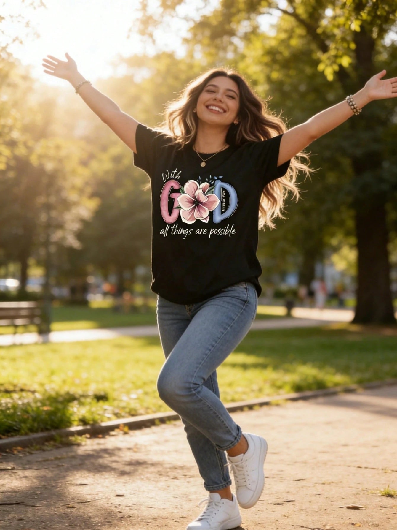 Women Round Neck T Shirt With God All Things Are Possible Floral Print Short Sleeve Christian Faith Inspired Casual Wear For Daily Outings And Religio