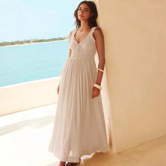 Women Ruffle Strap Smocked V Neck Maxi Dress, Drawstring Waist Flowy Chiffon Vacation Sundress
