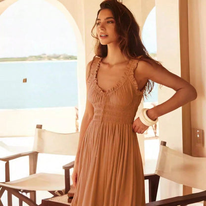 Women Ruffle Strap Smocked V Neck Maxi Dress, Drawstring Waist Flowy Chiffon Vacation Sundress
