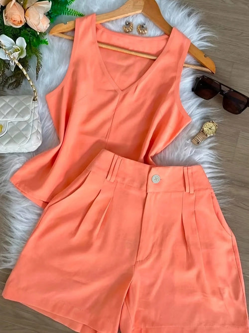 Women's 2 Piece Summer Outfit- Coral Orange, Sleeveless V-Neck Tank Top + High Waist Tailored Shorts, Casual Solid Matching Set/|Conjunto De Dos Piez