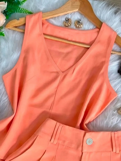 Women's 2 Piece Summer Outfit- Coral Orange, Sleeveless V-Neck Tank Top + High Waist Tailored Shorts, Casual Solid Matching Set/|Conjunto De Dos Piez