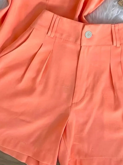 Women's 2 Piece Summer Outfit- Coral Orange, Sleeveless V-Neck Tank Top + High Waist Tailored Shorts, Casual Solid Matching Set/|Conjunto De Dos Piez