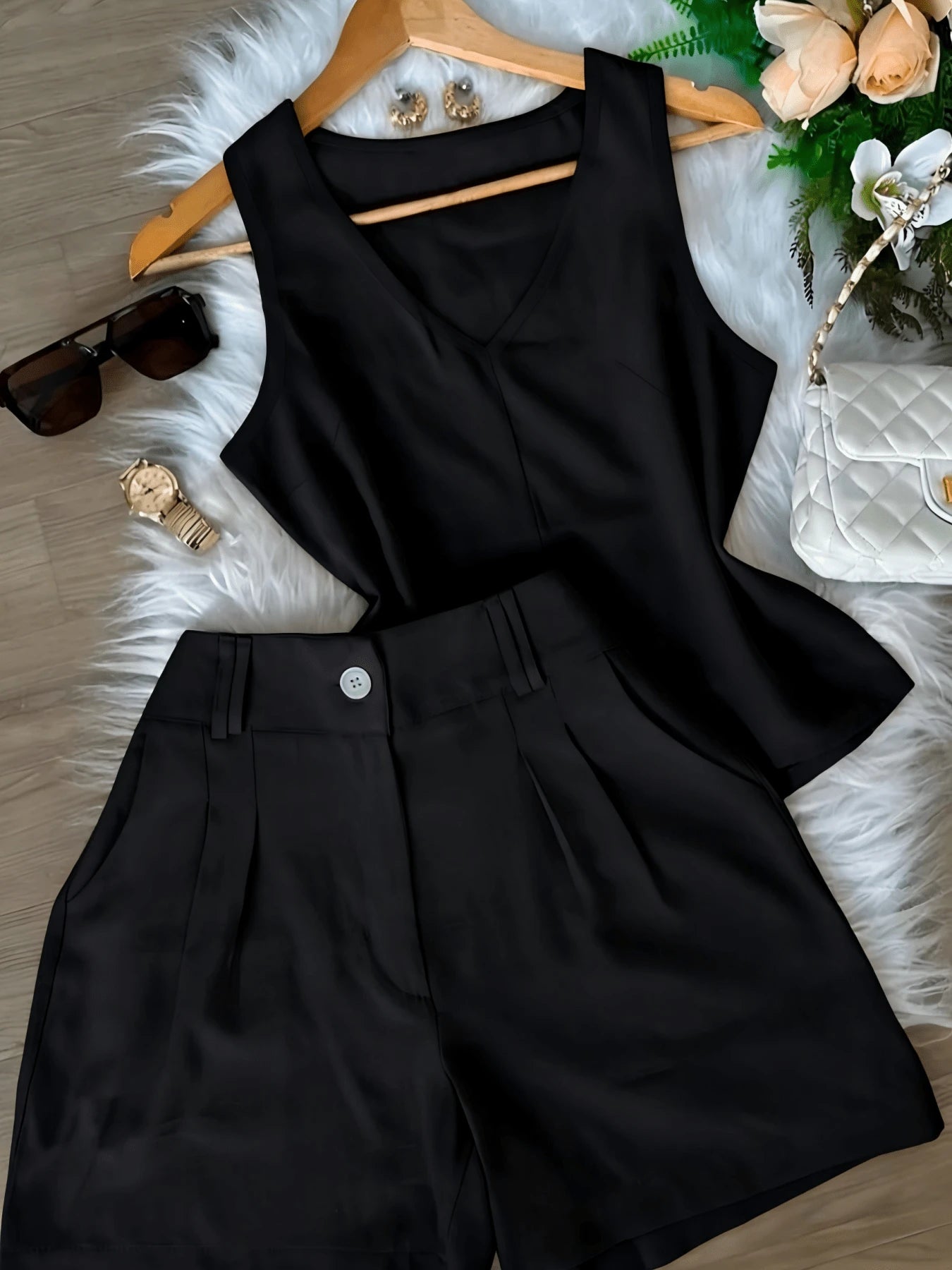 Women's 2 Piece Summer Outfit- Coral Orange, Sleeveless V-Neck Tank Top + High Waist Tailored Shorts, Casual Solid Matching Set/|Conjunto De Dos Piez