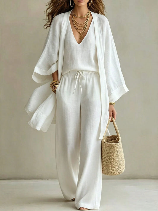 Women's 3 Piece Set V Neck Cami, Open Front Kimono And Drawstring Wide Leg Pants Casual Outfit Collection