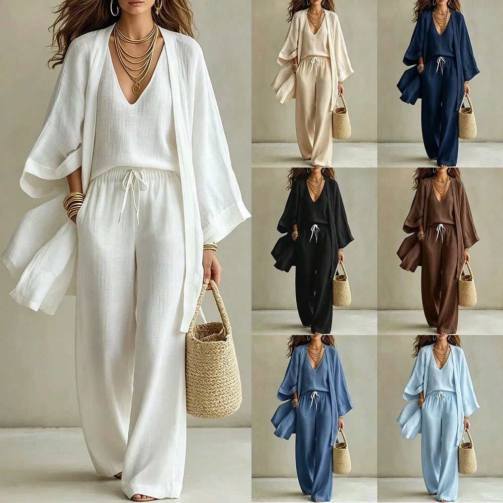 Women's 3 Piece Set V Neck Cami, Open Front Kimono And Drawstring Wide Leg Pants Casual Outfit Collection