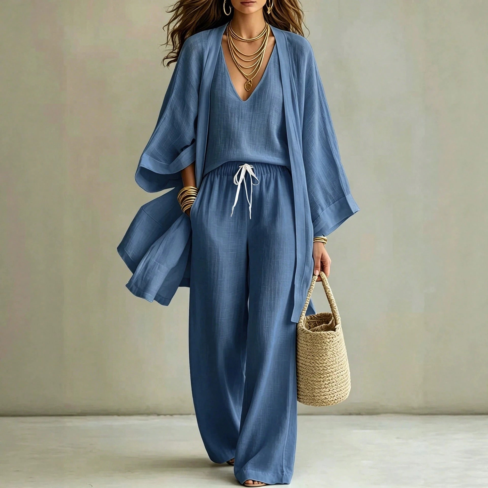 Women's 3 Piece Set V Neck Cami, Open Front Kimono And Drawstring Wide Leg Pants Casual Outfit Collection