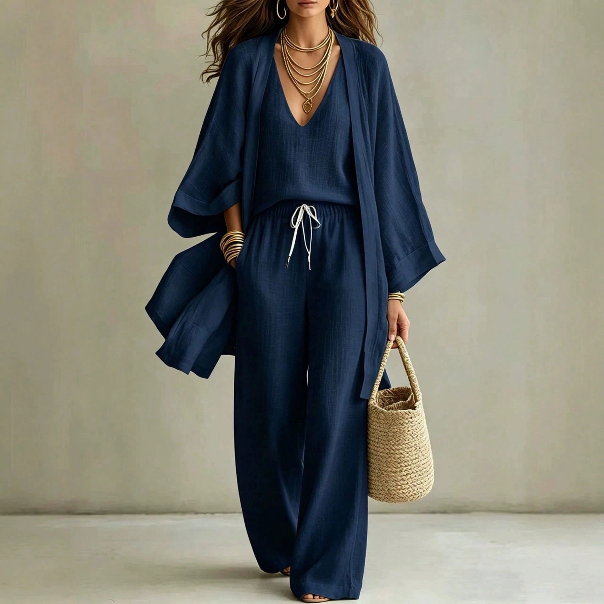 Women's 3 Piece Set V Neck Cami, Open Front Kimono And Drawstring Wide Leg Pants Casual Outfit Collection