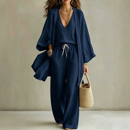 Women's 3 Piece Set V Neck Cami, Open Front Kimono And Drawstring Wide Leg Pants Casual Outfit Collection
