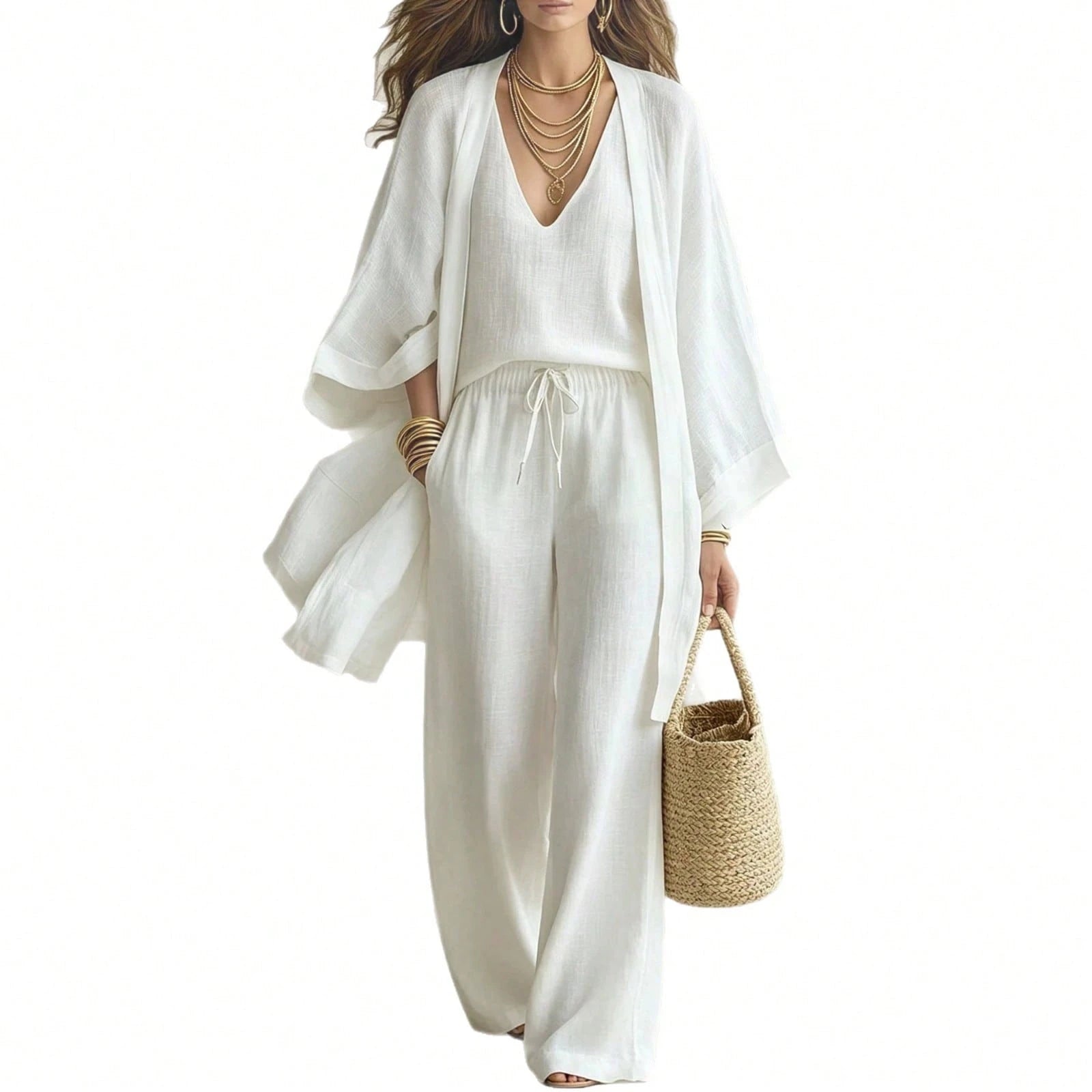 Women's 3 Piece Set V Neck Cami, Open Front Kimono And Drawstring Wide Leg Pants Casual Outfit Collection