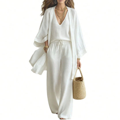 Women's 3 Piece Set V Neck Cami, Open Front Kimono And Drawstring Wide Leg Pants Casual Outfit Collection