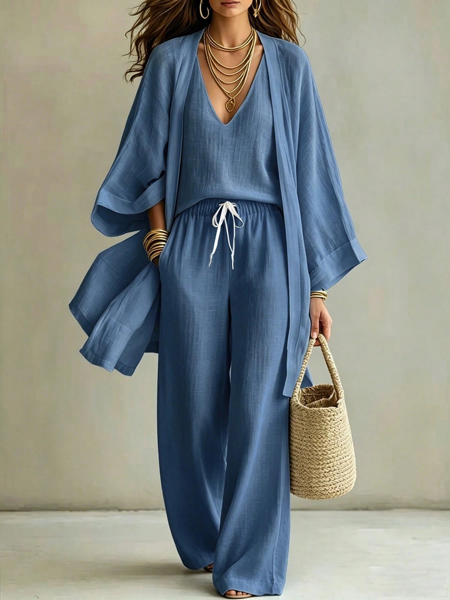 Women's 3 Piece Set V Neck Cami, Open Front Kimono And Drawstring Wide Leg Pants Casual Outfit Collection